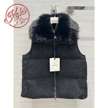 Moncler Carrelet Fur-Collar Tweed Vest Black Women's